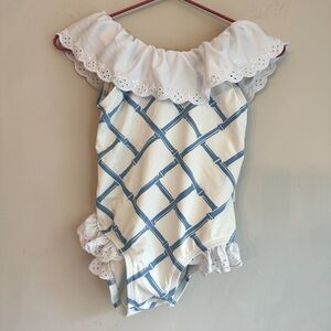 Beaufort Bonnet Company White and Blue Eyelet Ruffle One-Piece Swimsuit Size 2T